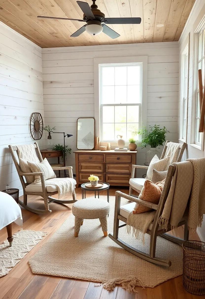 Cozy Corner Reading Nooks Featuring Distressed Rocking Chairs and Knit Throws in Neutral Palettes