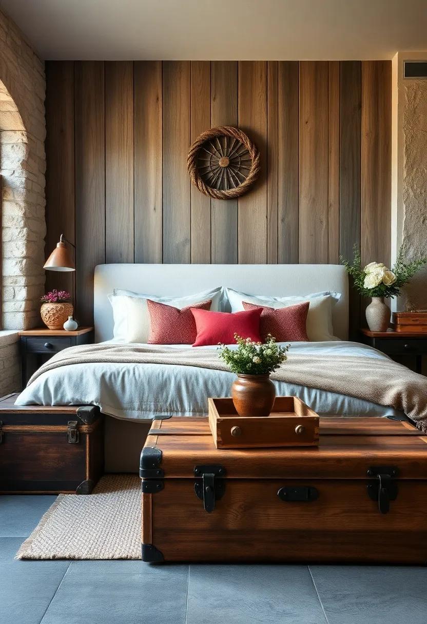 Rustic Wooden Trunks and Vintage Luggage Used as Storage and Decorative Elements in Bedroom Spaces