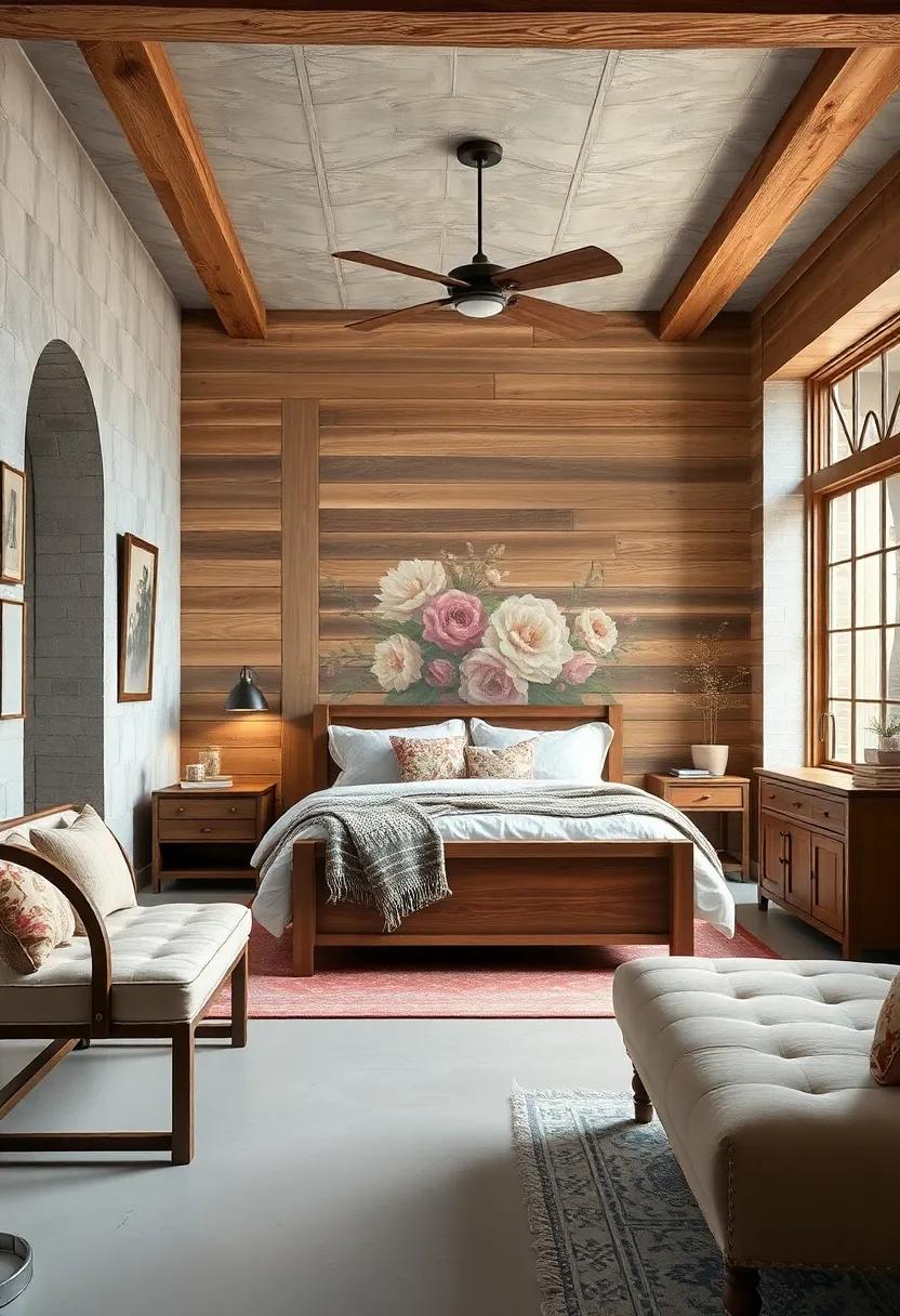 Vintage Floral Wallpaper Accents Combined with Rough Timber for an Eclectic Cozy Farmhouse Mix