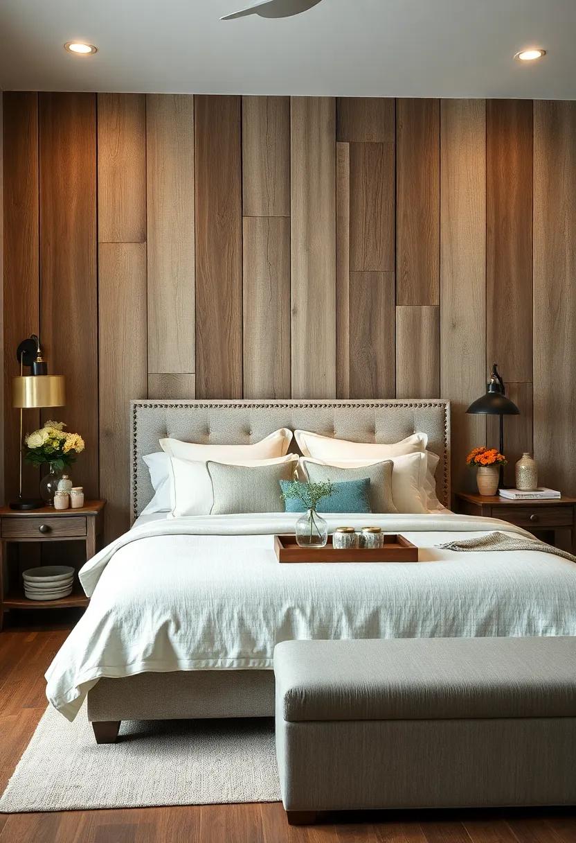Weathered Wooden Wall Panels Behind the Bed Adding Depth and Rustic Texture to the Bedroom