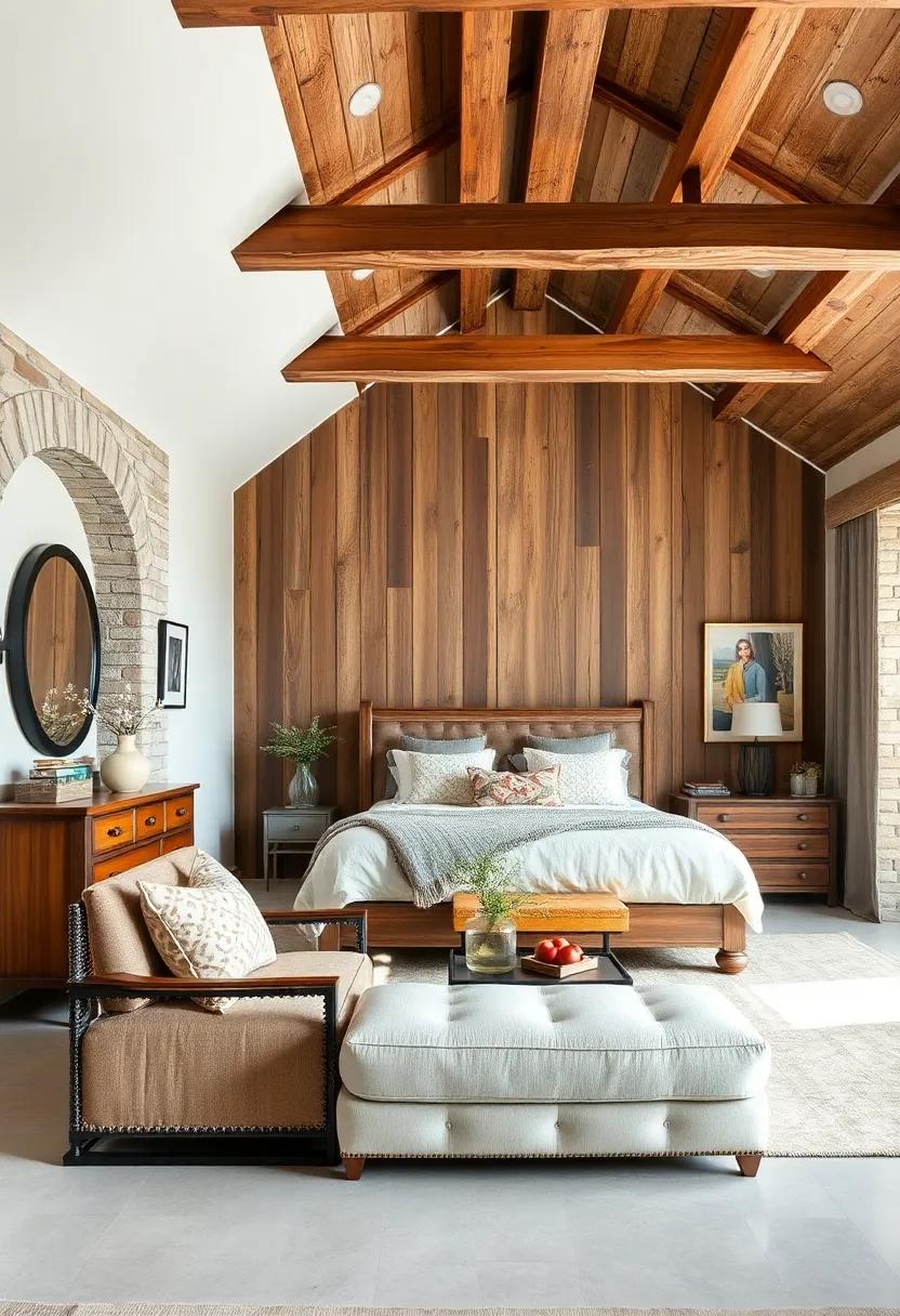 Reclaimed Wood Ceiling Beams Highlighting the Bedroom's Architectural Character and Farmhouse Roots