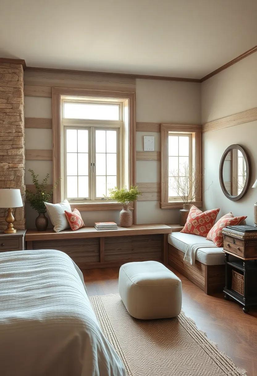 Farmhouse Style Window Seats with Plush Cushions and Distressed Wooden Bases for a Relaxing Retreat