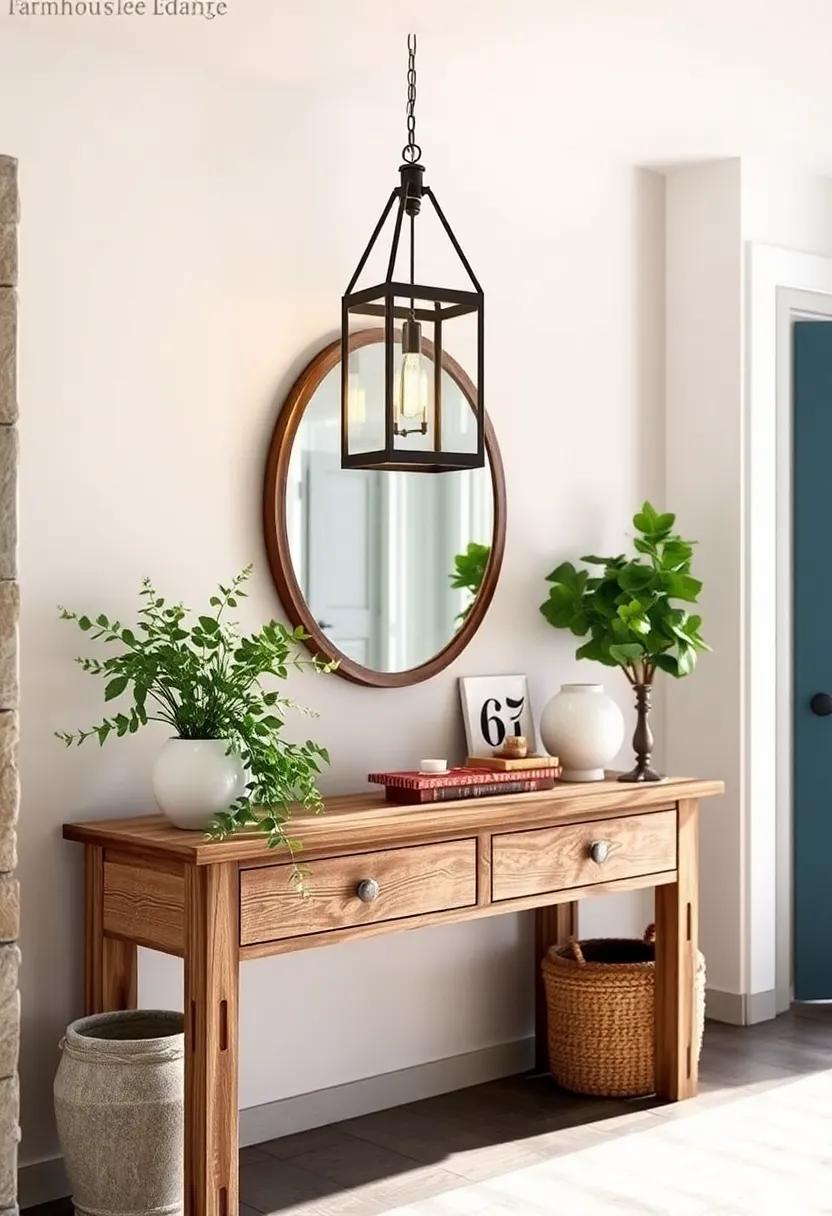 Antique Lantern Pendant Lighting Casting a Soft Glow Over Weathered Wood Console Table and Greenery