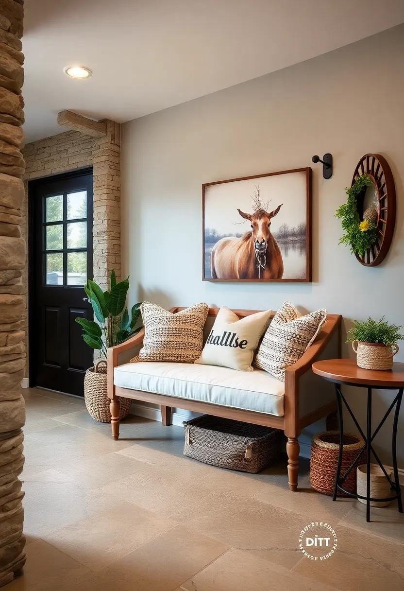Elegant Farmhouse Hallway Bench Upholstered in Linen With Handwoven Throw Pillows and Farmstead Décor