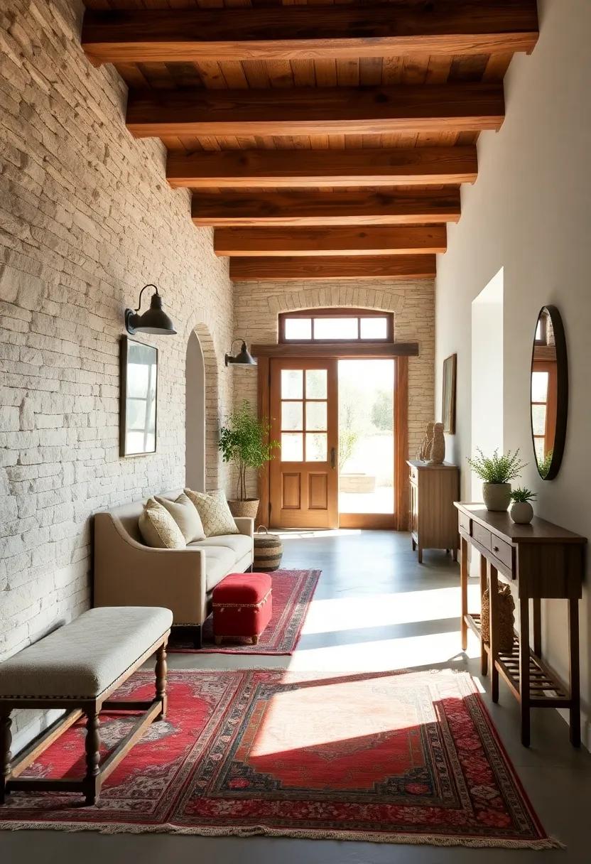 Farmhouse Hallway Bathed in Natural Light With Rustic Wooden Beams and Cozy Vintage Rugs