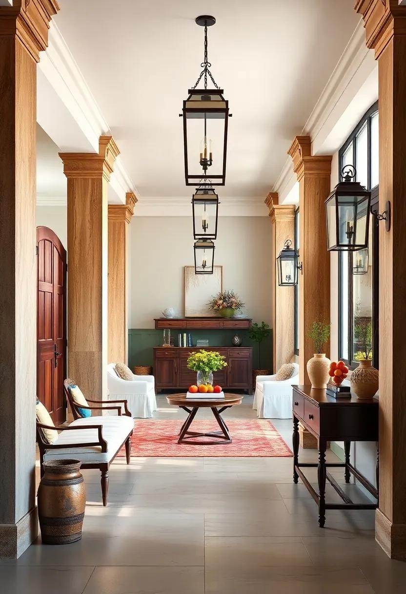 Farmhouse Hallway Showcasing Hand-Carved Wooden Columns and Vintage Lanterns for Timeless Elegance