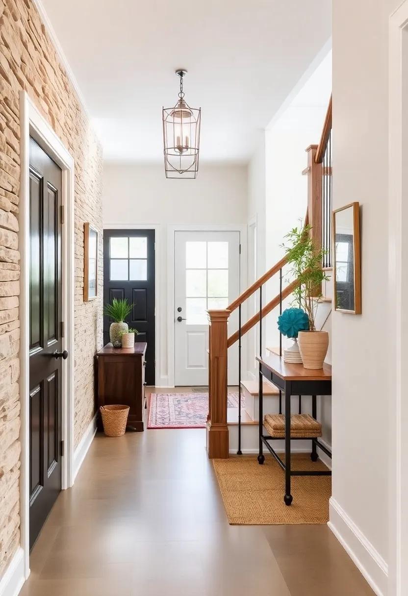 Farmhouse Hallway Featuring a Reclaimed Wood Staircase Handrail and Wrought Iron Balusters