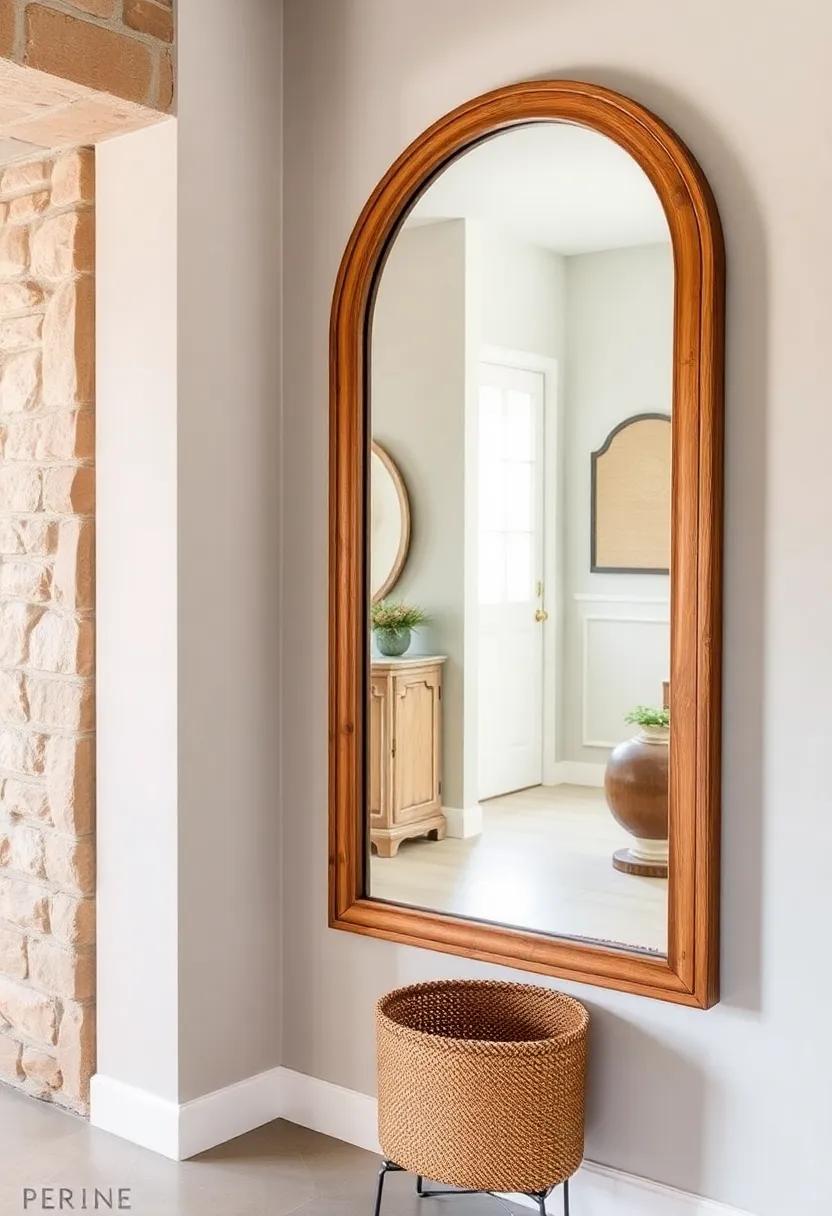 Farmhouse Style Hallway Mirror With Aged Wood Frame Reflecting Vintage Decor and Soft Lighting
