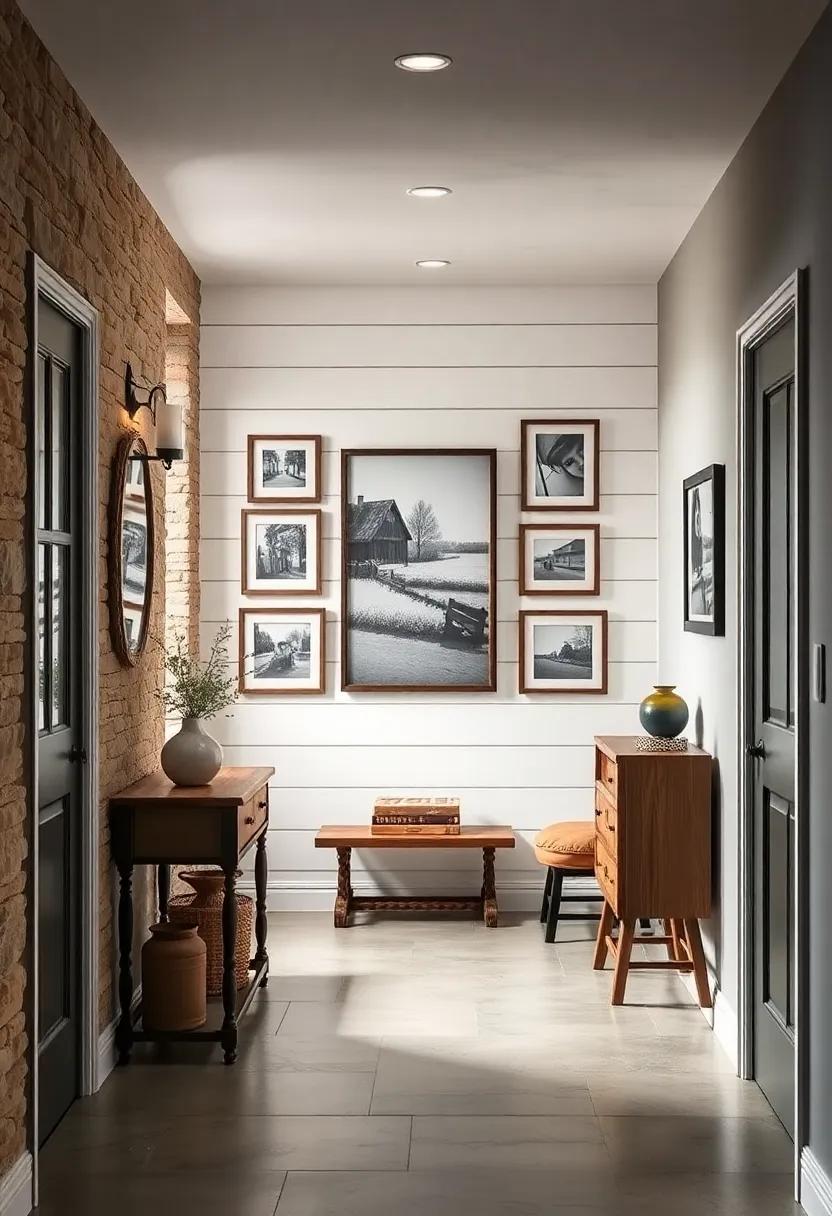 Gallery Wall Displaying Black and White Farmhouse Photography Surrounded by Shiplap and Rustic Frames