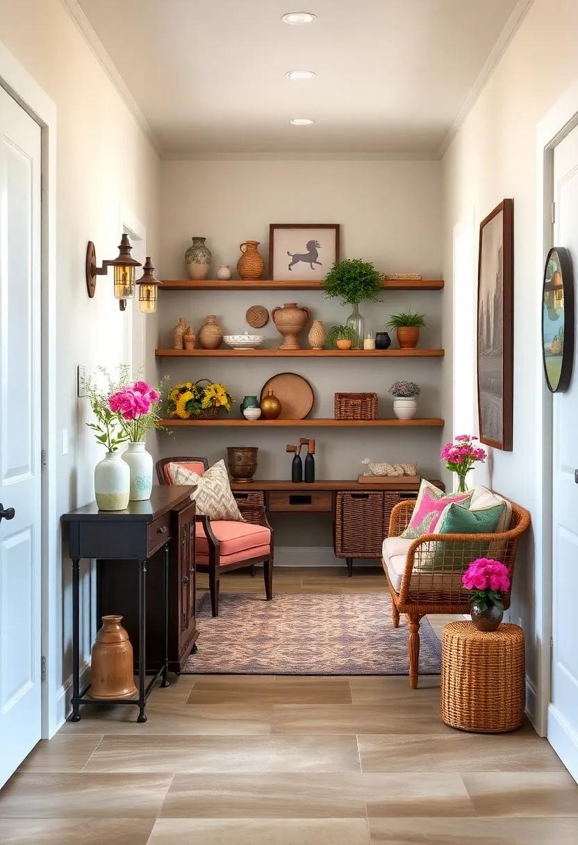 Hallway Nooks Showcasing Open Shelves Filled With Rustic Pottery, Wickers, and Fresh Flowers