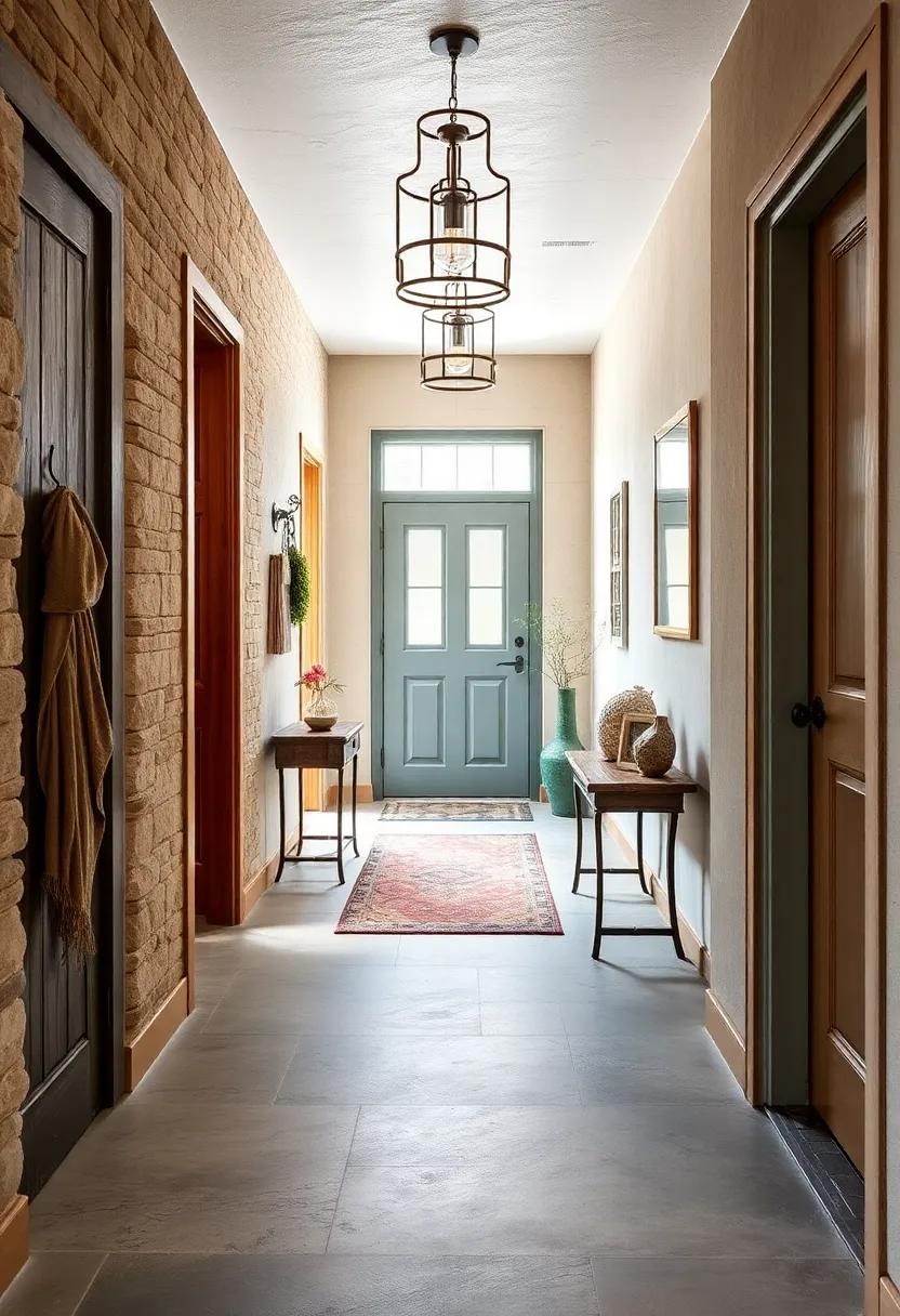 Mix of Metal and Wood Elements Including Vintage Hooks, Painted Doors, and Iron Accents for Rustic Charm