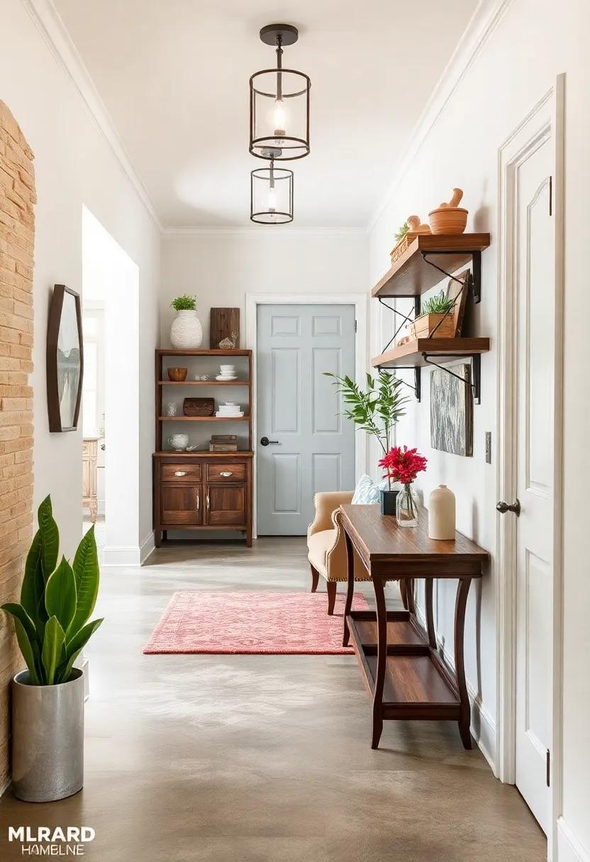 Neutral Toned Hallway With Hand-Stenciled Floor Patterns and Rustic Wooden Shelving Displaying Antiques