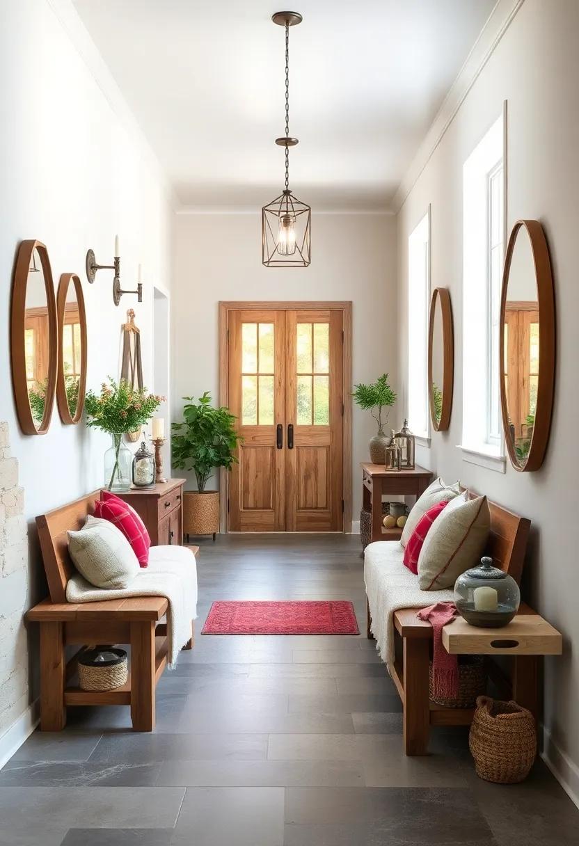 Rustic Hallway Featuring Soft Wool Throws Draped Over Barnwood Benches Surrounded by Vintage Accents