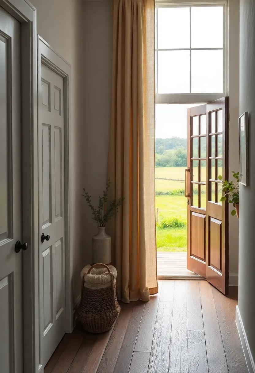 Soft Linen Curtains Framing a Farmhouse Window With Views of Lush Countryside and Worn Wooden Floors
