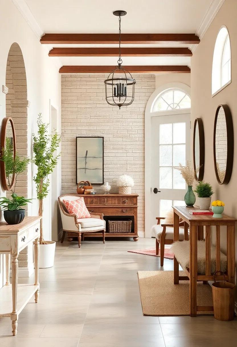 Soft Pastel Walls Complemented by Distressed Furniture and Reclaimed Wood Accents in a Charming Hallway
