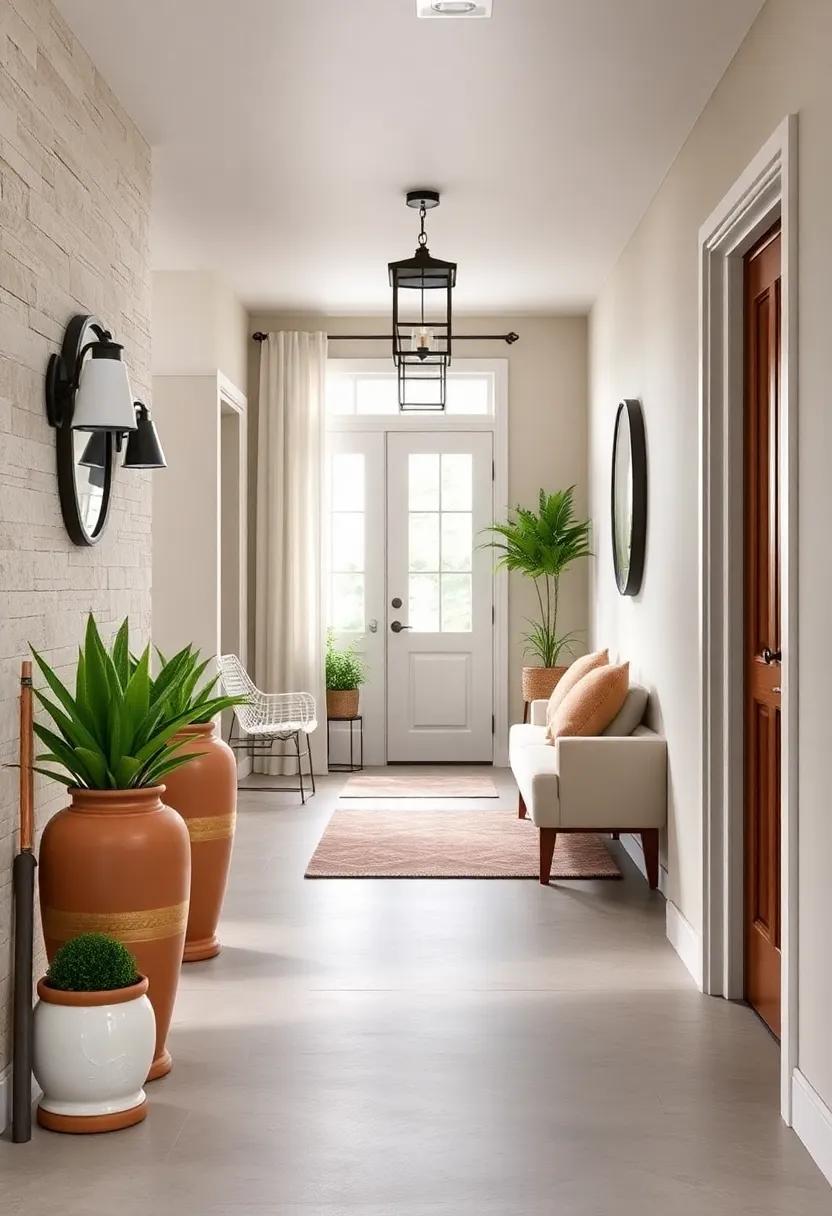 Touches of Greenery in Terra Cotta Pots and Mason Jars Adding Freshness to a Neutral Hallway Palette