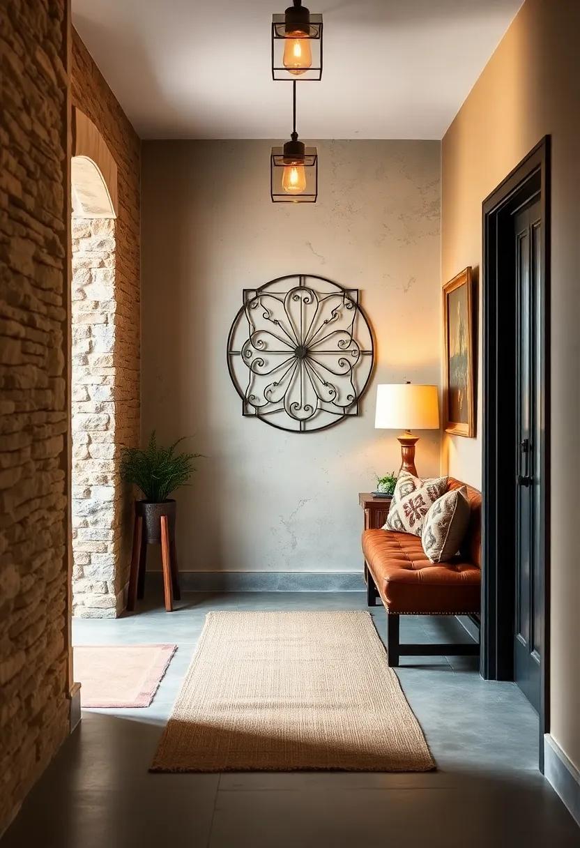 Vintage Farmhouse Hallway with Aged Leather Seating and Rustic Metal Wall Art in a Cozy Space
