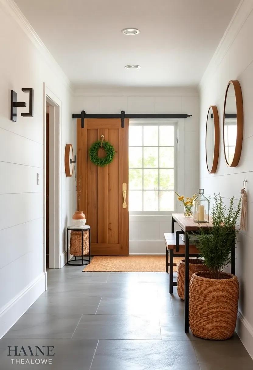 A Warm Welcoming Entryway Featuring Barn Door Details and Classic Shiplap Paneling With Woven Baskets