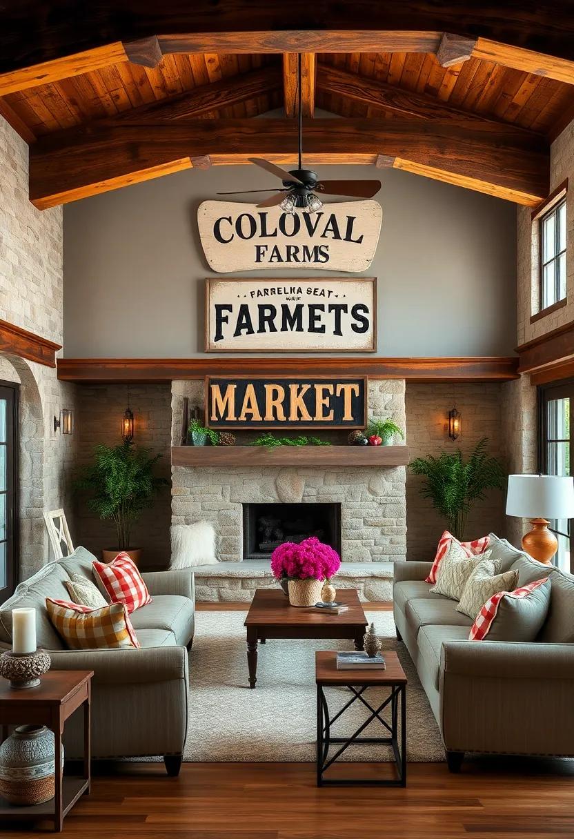 Embrace Warmth with‌ Rustic Wood Beams:​ Enhance your ‍farmhouse living room​ by showcasing ⁢exposed wooden ‍beams that ⁢create a cozy‌ backdrop ⁢for vintage signage showcasing local farms or markets