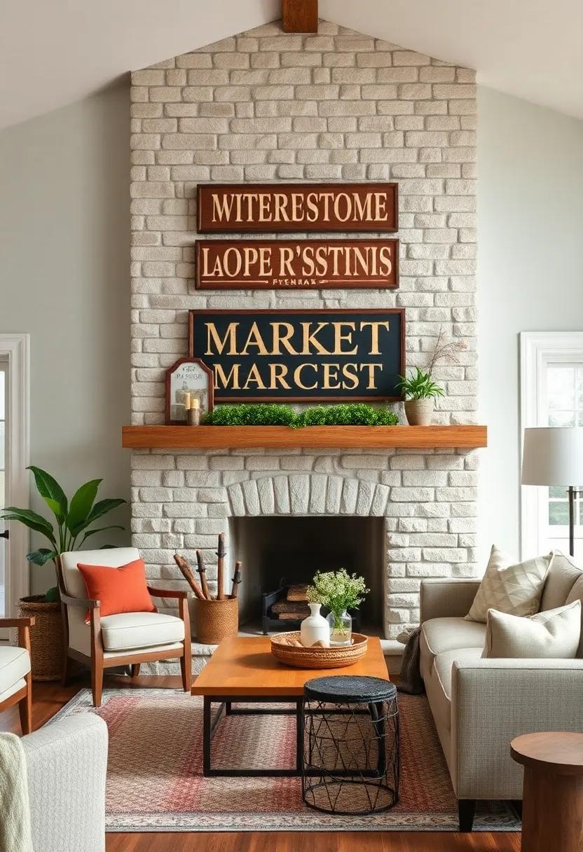 Antique Market Signs Above the Fireplace: Transform your fireplace into a focal⁢ point ⁤by hanging vintage market signs that tell​ a story and enhance ⁤the⁣ rustic character of ​the room