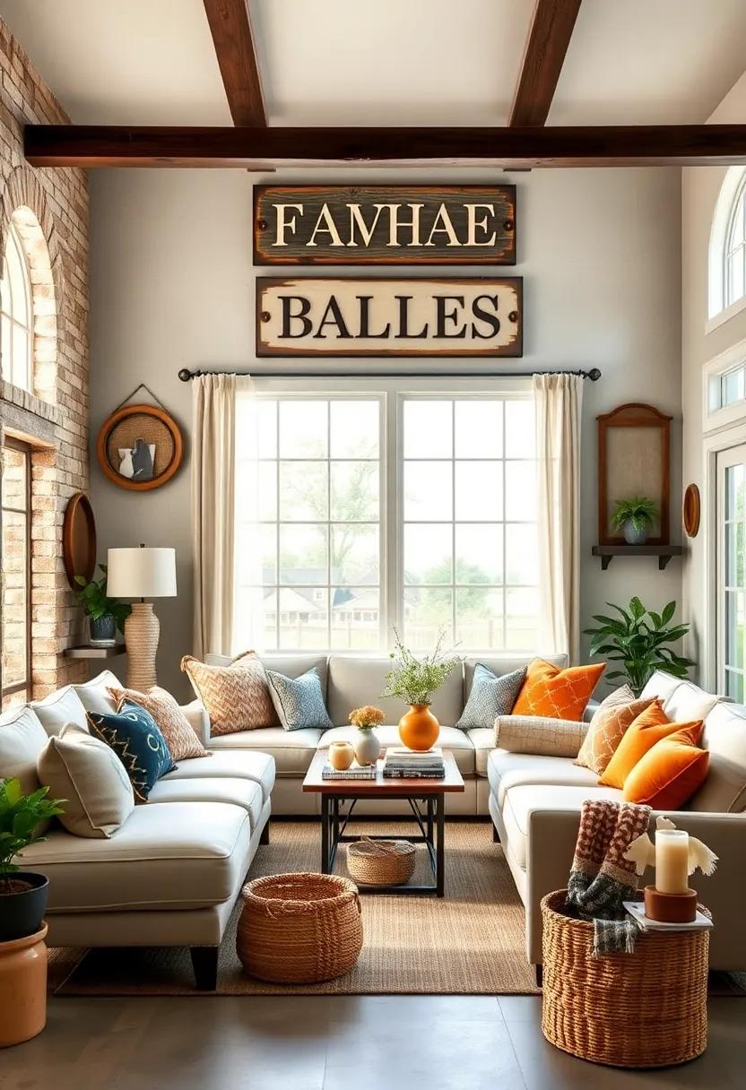 Woven Baskets​ and Vintage​ Signs: Pair functional woven baskets ⁣for storage with hanging vintage signage to meld ⁢utility with rustic decor in your living room