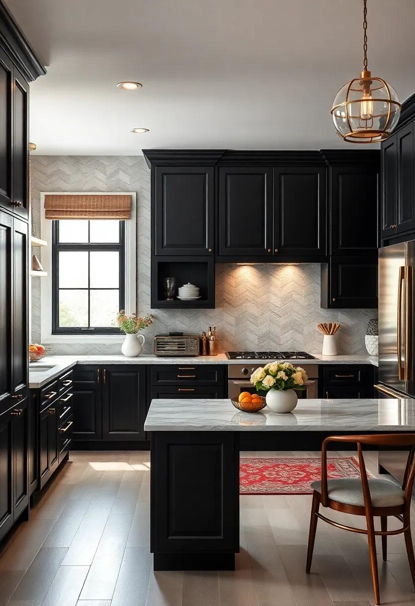 Chic Black Cabinets: Embrace the elegance of black flat panel cabinets, perfectly paired with gold or brass fixtures for a luxurious touch