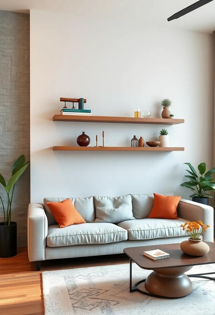 Elevate the Sofa Area with Minimalist Floating Shelves and Subtle Decorative Accents