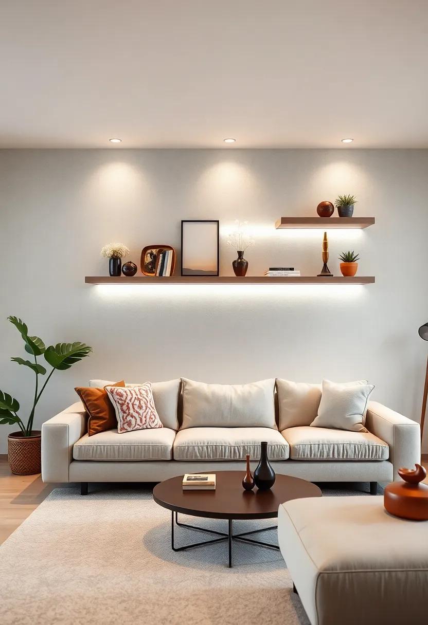 Add a Touch of Glamour With Floating Shelves Highlighted by LED Strip Lighting and Luxe Decorative Elements