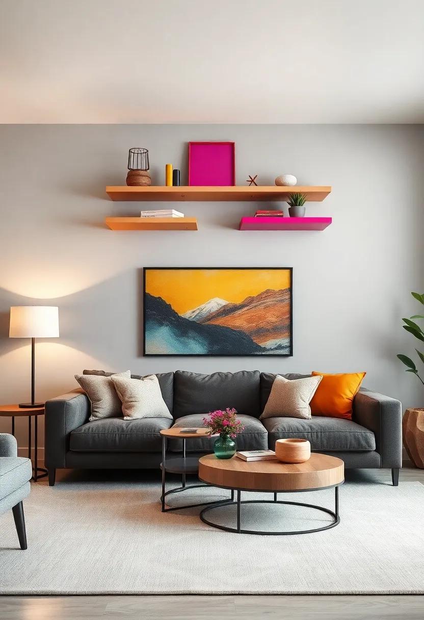 Showcase Artistic Flair Using Vibrant Floating Shelves Combined with Bold Wall Colors Behind the Sofa