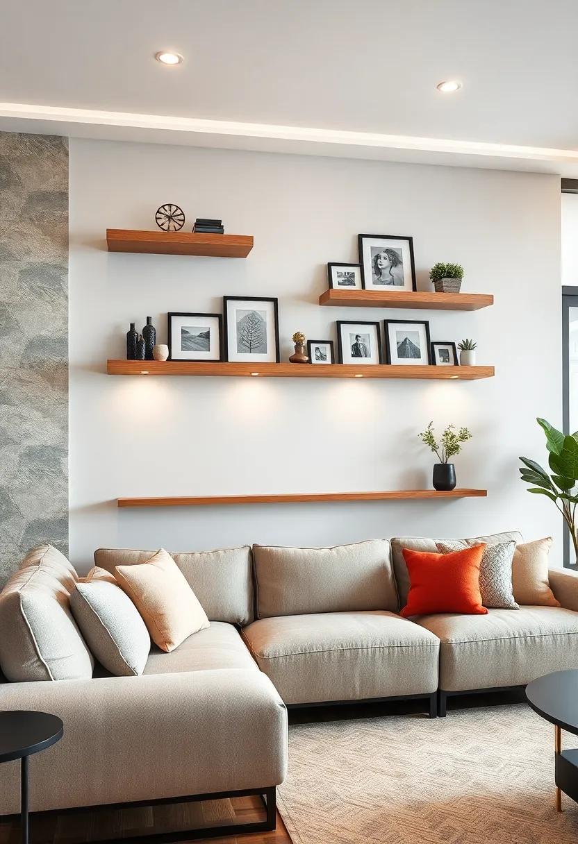 Curate a Gallery Wall Effect by Integrating Floating Shelves with Framed Prints and Personal Mementos