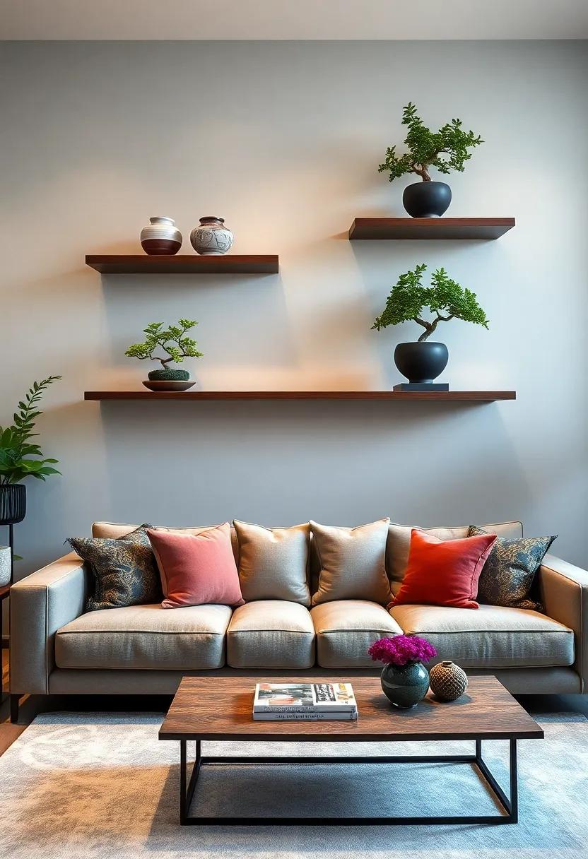Create a Zen-Like Ambiance with Floating Shelves Holding Japanese Ceramics and Bonsai Plants Above the Sofa