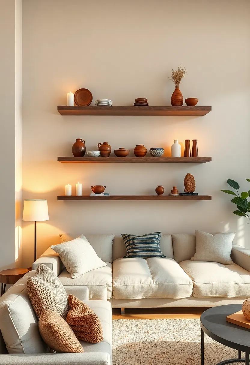 Create a Dynamic Layered Look by Combining Glass and Wood Floating Shelves Displaying Curated Artifacts
