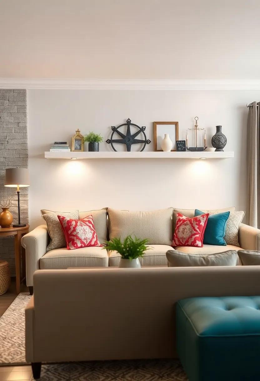 Incorporate Coastal Elements with Whitewashed Floating Shelves and Nautical Decor Over the Sofa