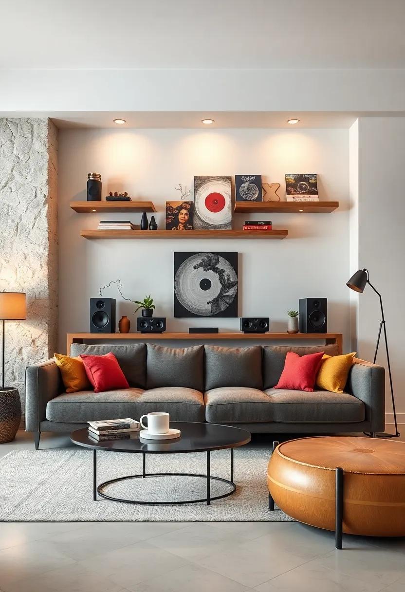 Use Floating Shelves as a Backdrop for a Music Lover's Collection of Vinyls and Retro Speakers Above the Couch