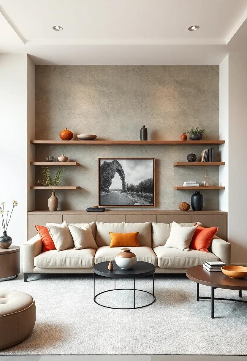 Enhance Living Room Depth With Asymmetrical Floating Shelf Arrangements and Sculptural Objects
