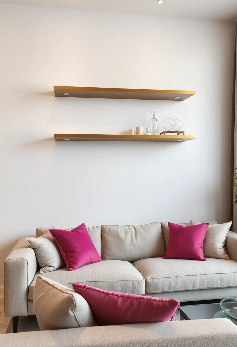Introduce Elegant Metallic Floating Shelves Above the Sofa Featuring Delicate Glass Ornaments