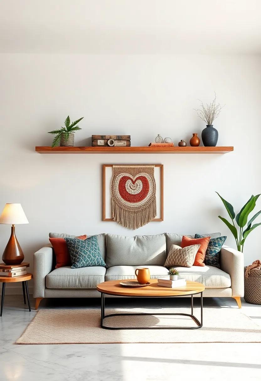 Integrate Floating Shelves into a Modern Bohemian Setting with Macrame Art and Earthy Textiles