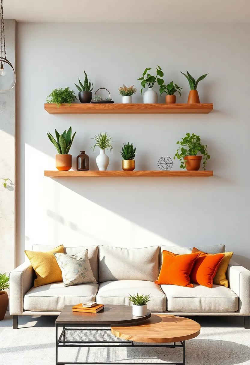 Complement Scandinavian Design Using Light Wood Floating Shelves and Neutral Sofa Textures