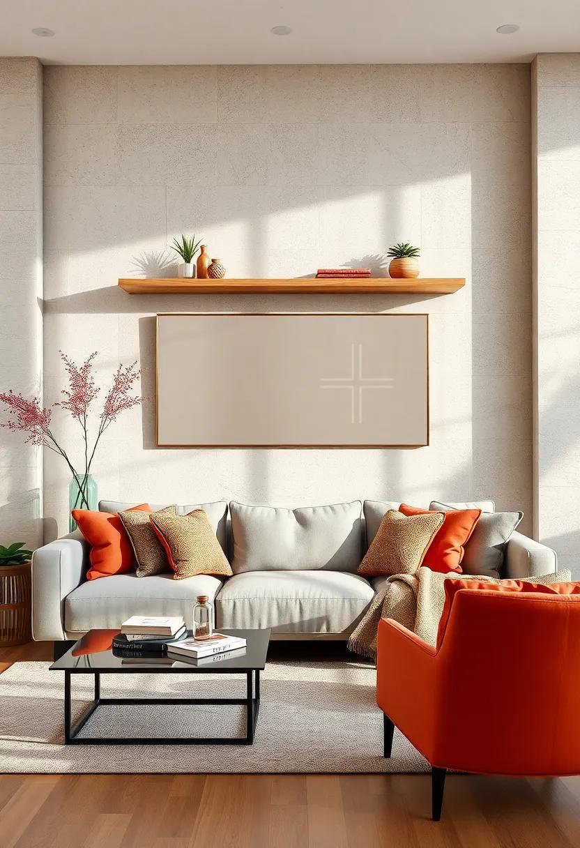 Use Floating Shelves to Frame Large Mirrors and Reflect Natural Light in the Sofa Area for Added Brightness