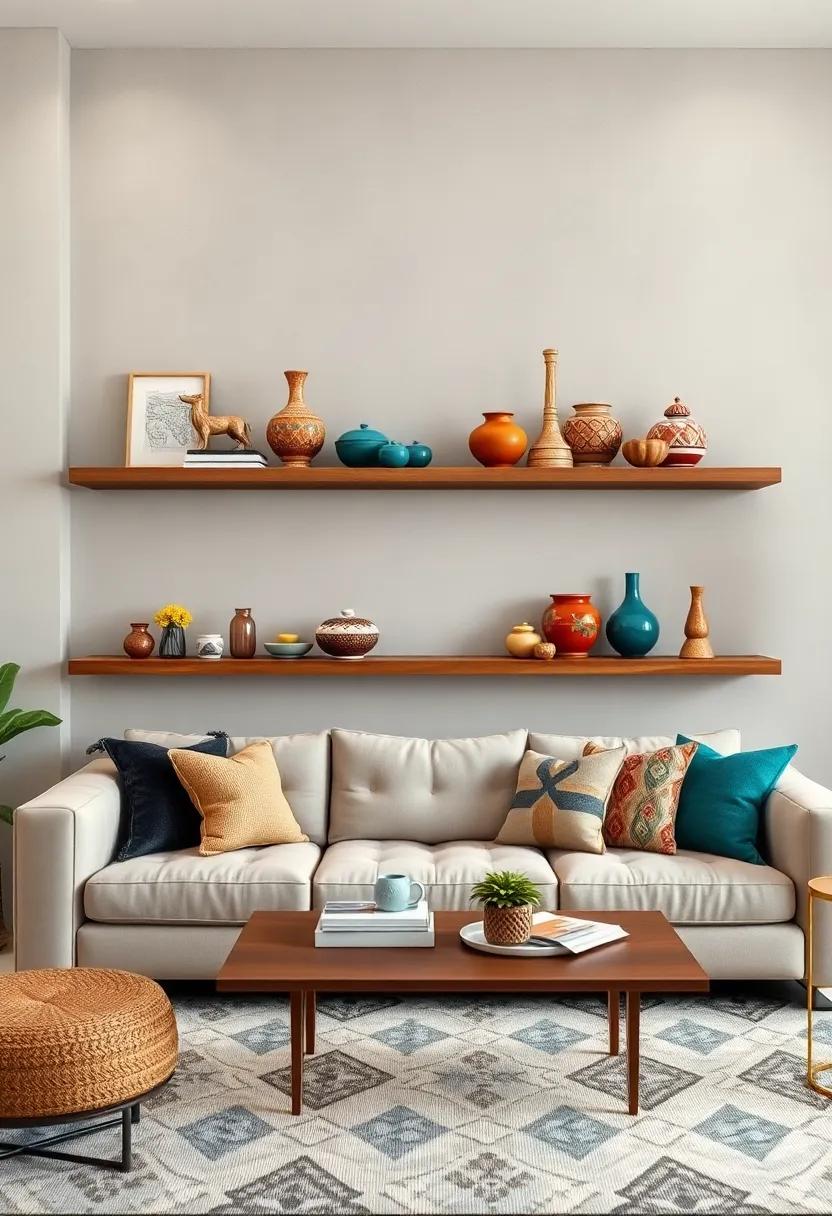 Use Floating Shelves to Highlight Travel Souvenirs and Colorful Pottery Arranged Above a Neutral Sofa
