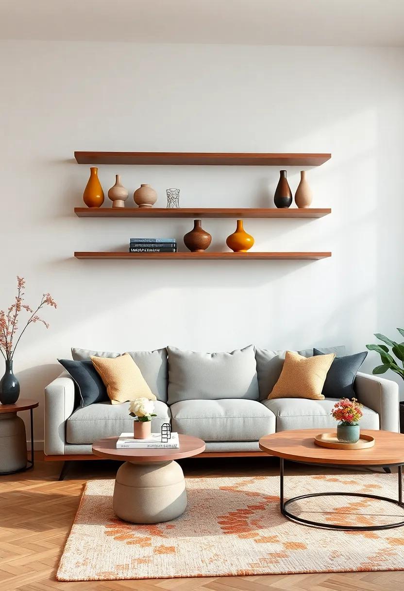 Transform the Sofa Wall Into a Statement Using Bold Geometric Floating Shelves Filled with Contemporary Vases
