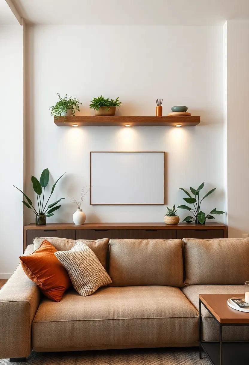 Create a Cozy Atmosphere by Layering Floating Shelves with Greenery and Soft Lighting Above the Couch