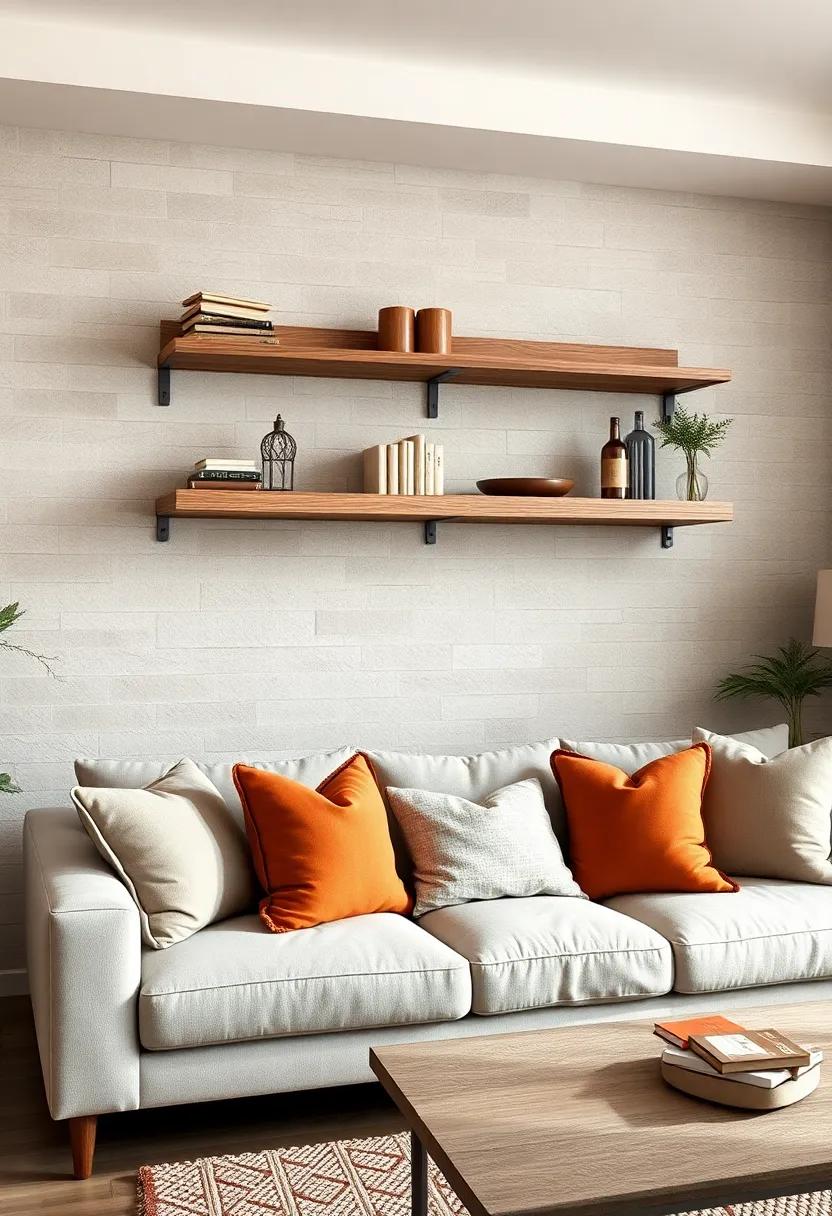 Blend Rustic Charm with Modern Floating Wooden Shelves Paired with Earth-toned Pillows on the Sofa