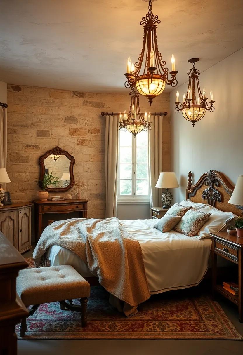 The Soft Glow of Vintage Chandeliers Illuminating a French Country Bedroom