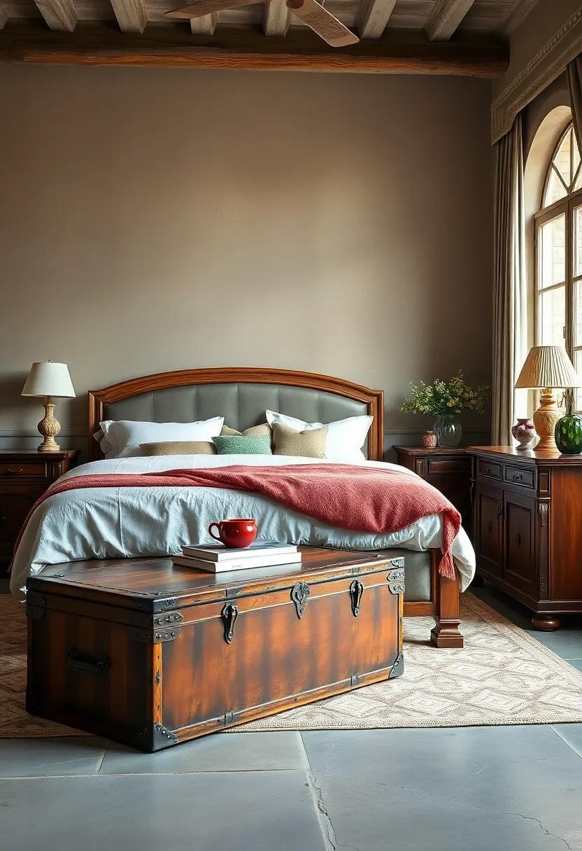 An Antique Trunk Positioned at the Foot of the Bed Serving as Elegant Storage and Seating