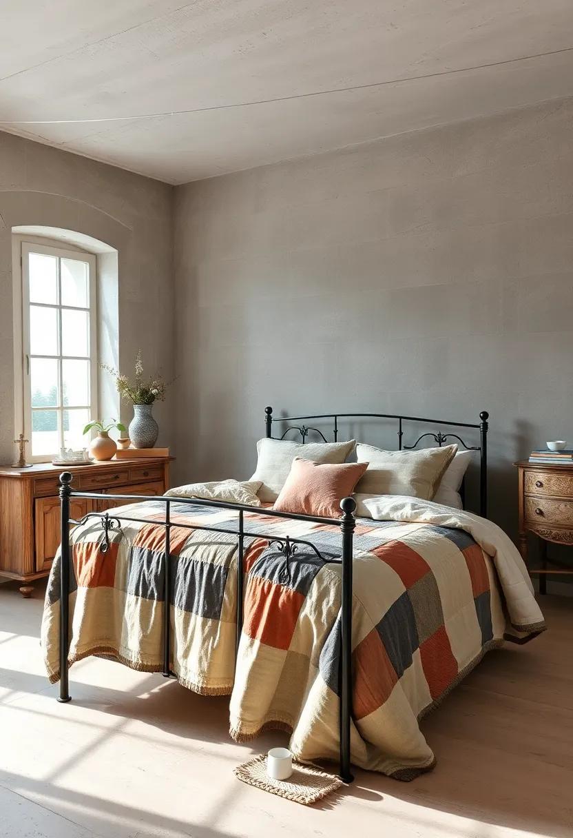 A Soft Patchwork Quilt with Timeless Textures and Muted Hues Draped Over an Iron Bed