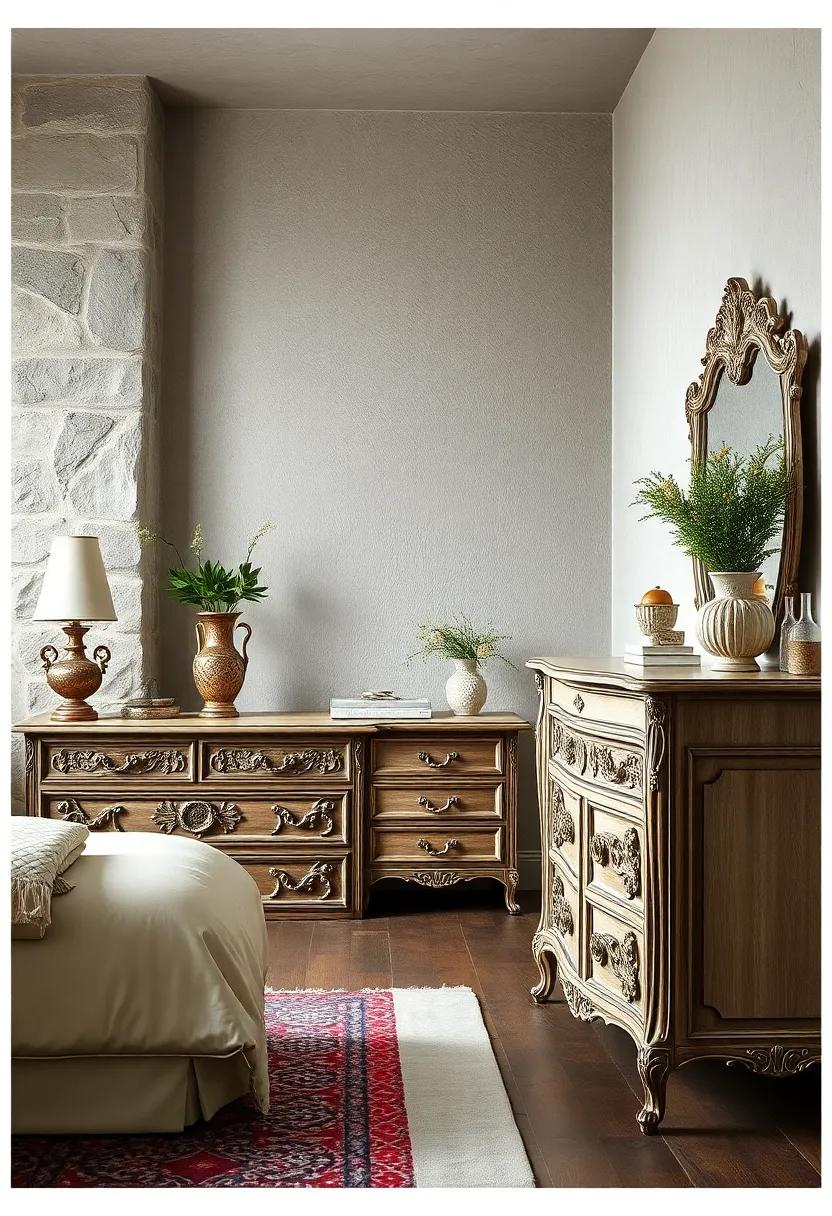 Antique Dressers with Distressed Paint and Intricate Carvings Showcasing Timeless Craftsmanship
