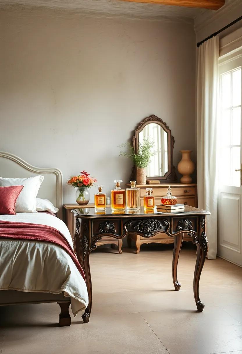 A Vintage Vanity Table with Hand-Carved Details Displaying Antique Perfume Bottles