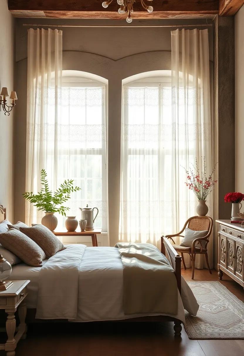 French Lace Curtains Gently Filtering Sunlight Through Tall, Paned Windows