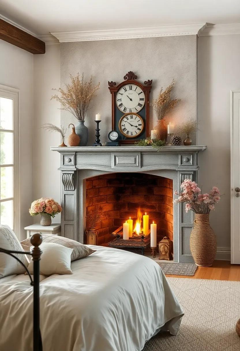 A Romantic Fireplace Mantel Adorned with Candles, Dried Flowers, and Vintage Clocks